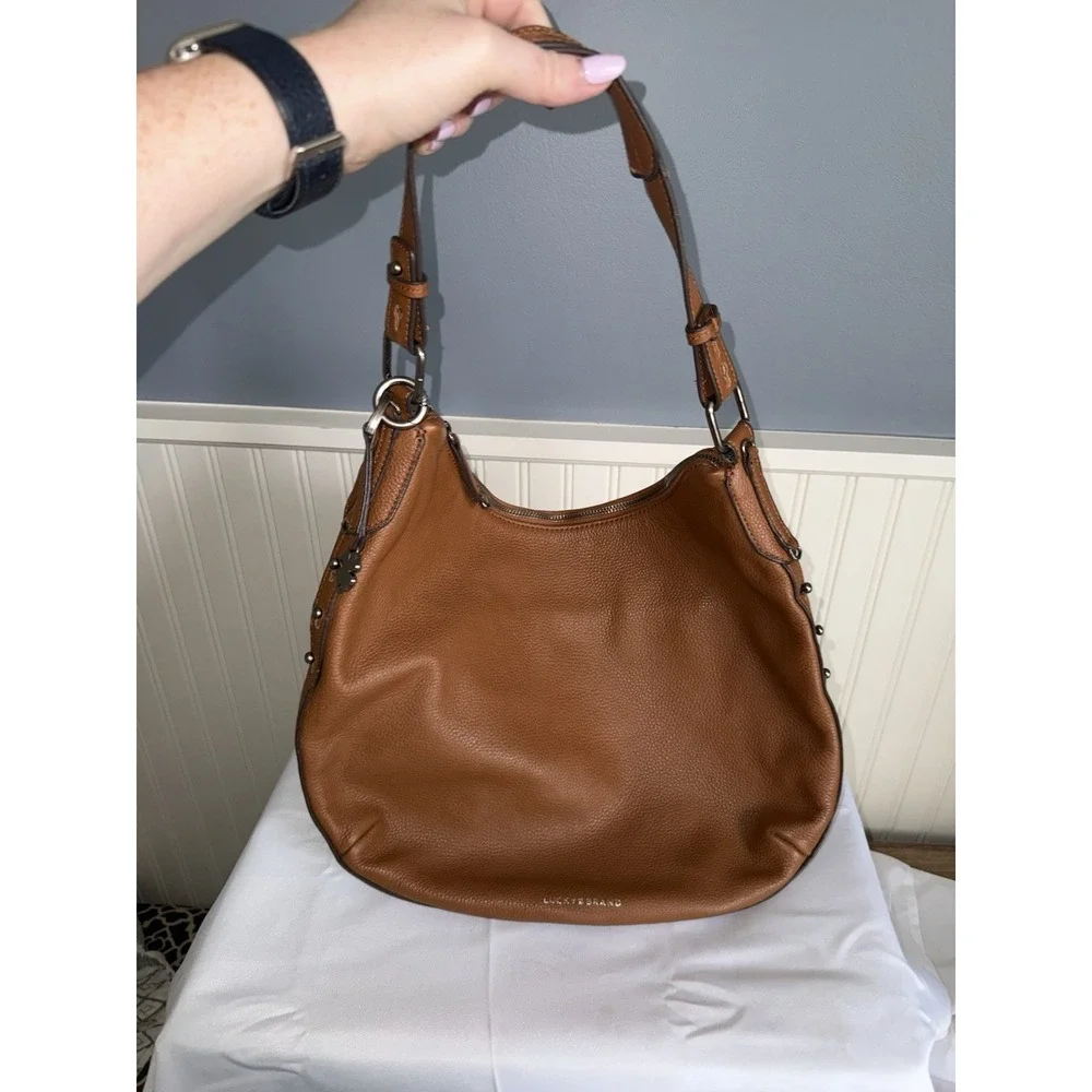 LUCKY BRAND LARGE BROWN LEATHER SLOUCHY CRESCENT HOBO SHOULDER BAG PURSE HANDBAG
